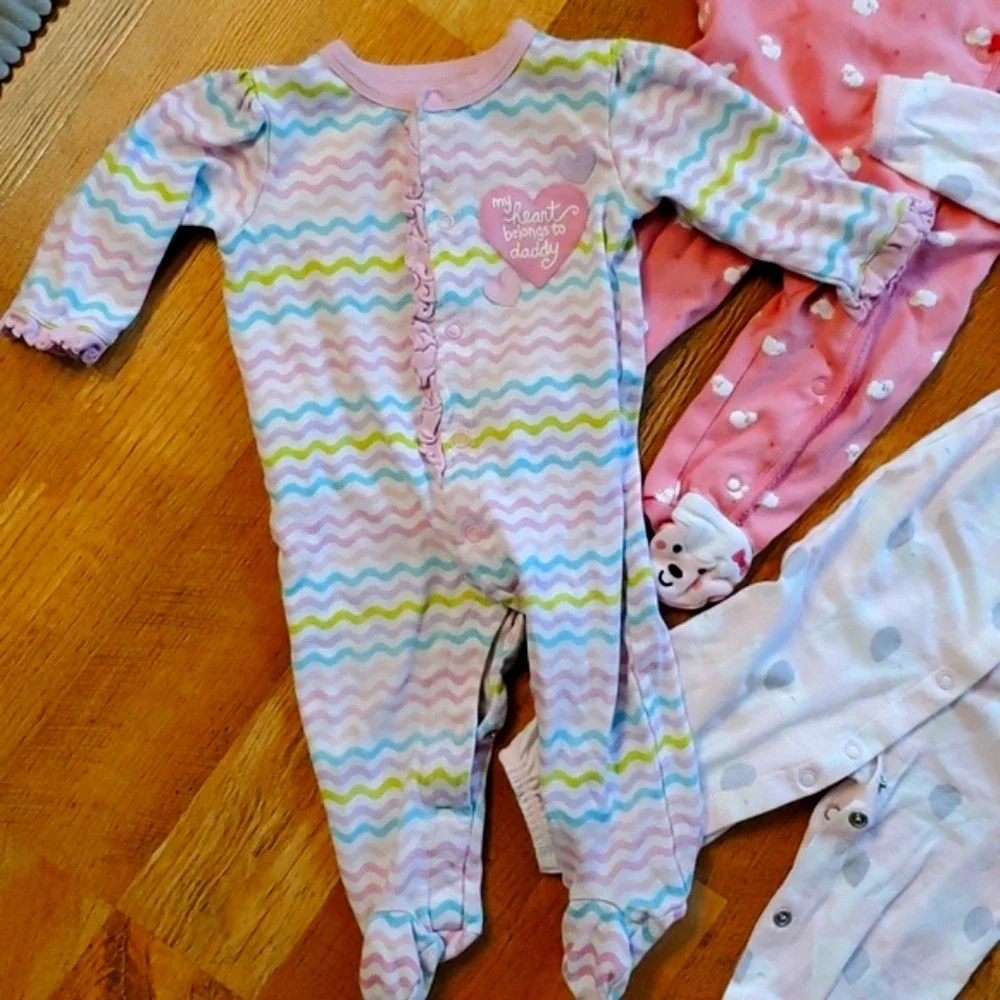 3 Pack Girls Snap Pink‎ Footie Sleep & Plays 9M- Elephant, Chevron, Sheep